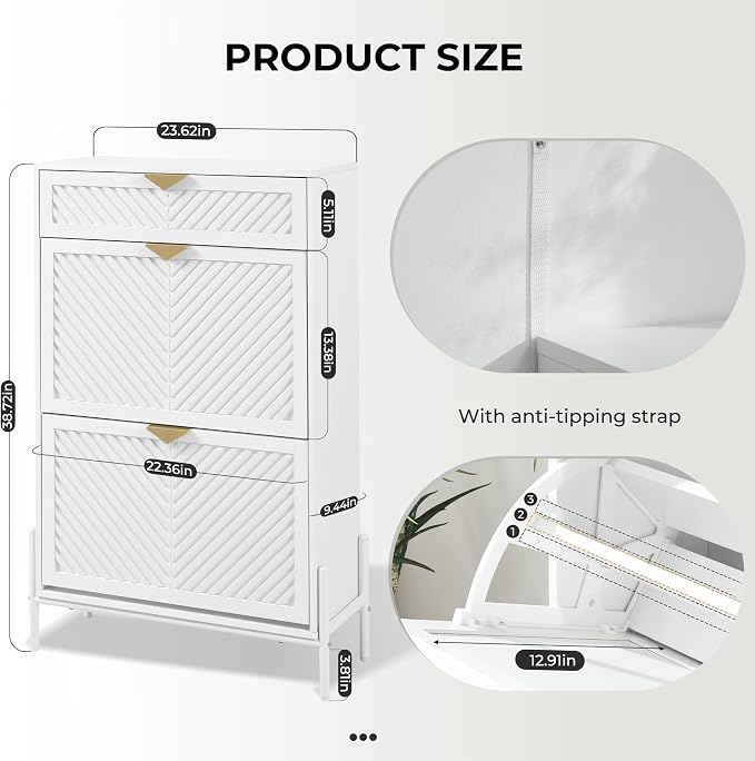 Shoe Cabinet Storage with 2 Flip Drawers, Narrow Hidden Shoes Organizer Cabinet for Entryway, Freestanding Slim Shoe Rack Front Door Entrance(White) - Image 2