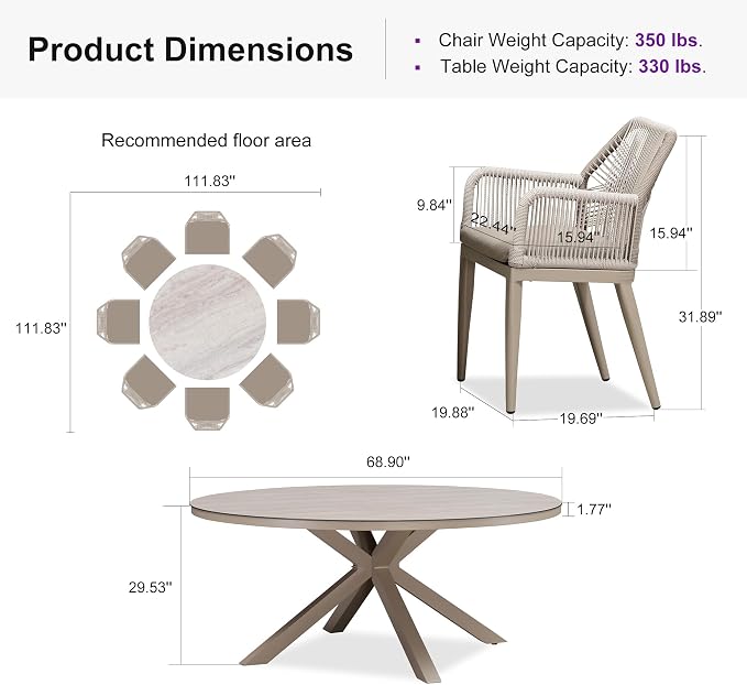 PURPLE LEAF 9 Pieces Patio Round Dining Set Aluminum Round Table and Rattan Arm Chairs with Cushions for Kitchen Porch Garden Modern Outdoor Furniture Sets, Champagne - Image 9