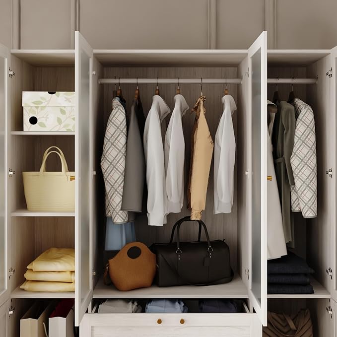 4 Door Wardrobe Armoire Closet with Hanging Rods & 2 Drawers, Bedroom Armoire with Frosted Glass Doors, Clothes Wardrobe with Gold Knob, Wood Grain, 19.7”D x 63”W x 70.9”H