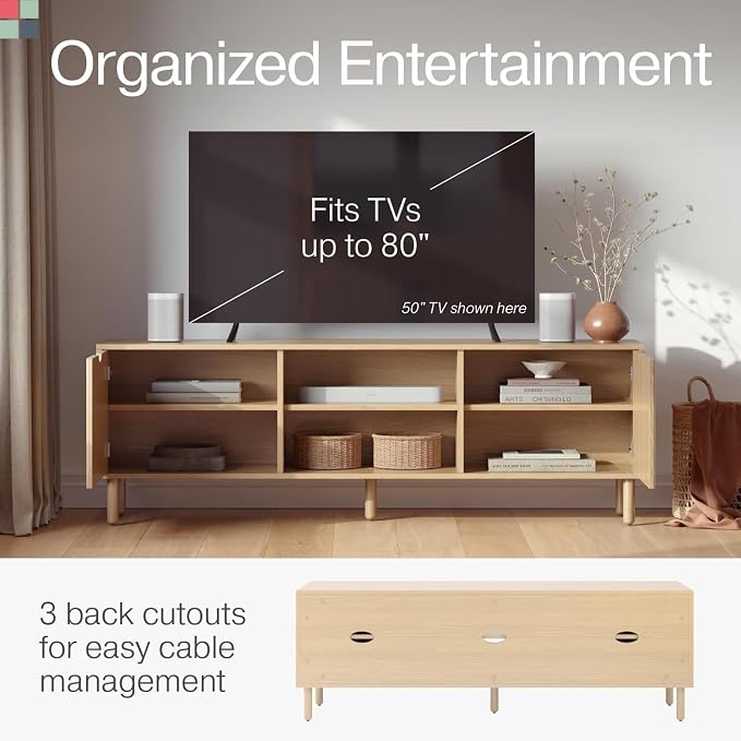 Stead Contemporary Fluted TV Stand, 70 Inches TV Media Console, Supports 32 to 80" TVs, Media Console Cabinet for Living Room and Bedrooms, Soft-Close Cabinet Doors (Light Oak) - Image 6