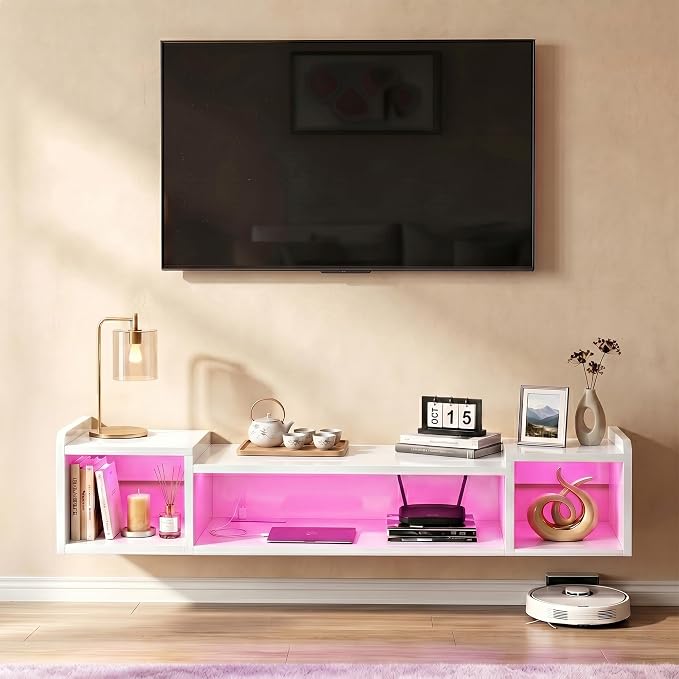 55.1"W Floating TV Stand with LED Lights & Power Outlets for 50 55 60 65 Inch TV Wall Mounted Entertainment Center with Storage for Living Room Wood Media Console Shelf White TV Shelf Wood for Bedroom - Image 2