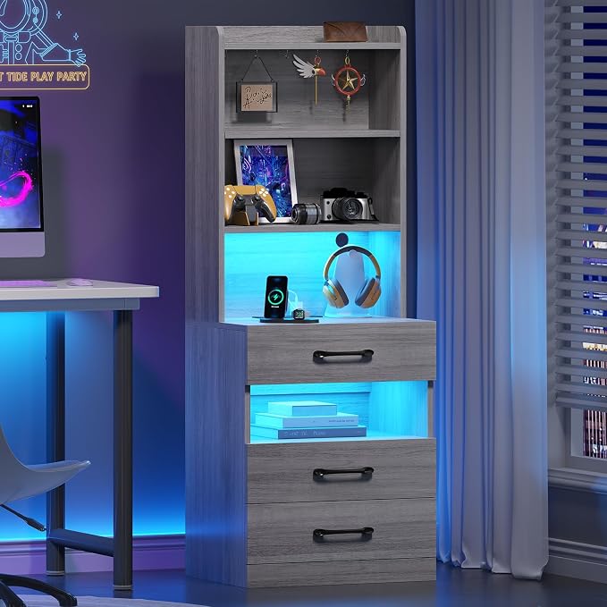 VIAGDO Tall Nightstand with Charging Station and LED Lights, Large Grey Night Stand with Bookshelf, Modern LED Bedside Table with 3 Drawers and Storage Shelves, End Side Table for Bedrooms, Dorms - Image 8
