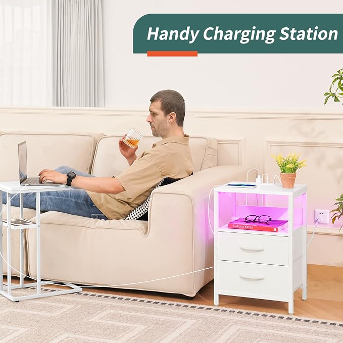 Yoobure Nightstand with Charging Station, LED Night Stand with Fabric Drawers and Storage Shelf for Bedroom, Nightstands Bedside Tables with USB Ports & Outlets, Small Night Stands, Bed Side Table - Image 4