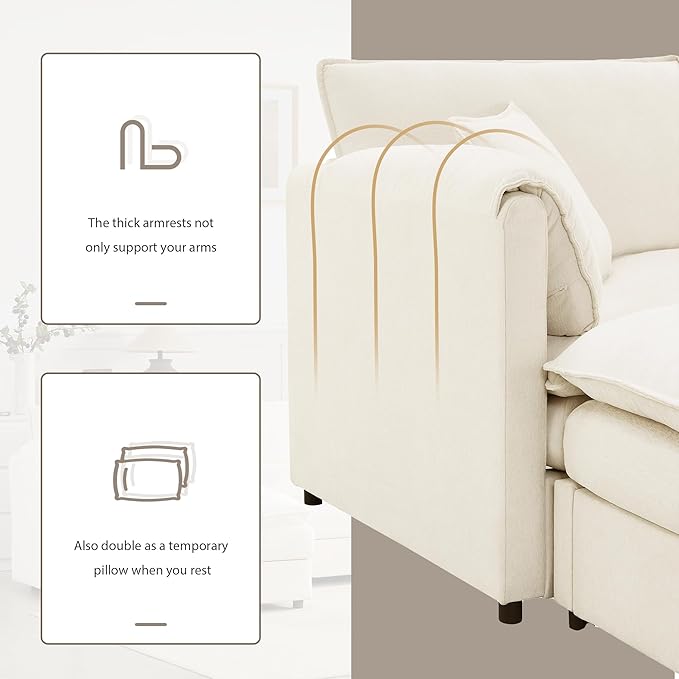 Merax 136" Chenille Modular Sectional Sofa, 6-Seat U-Shaped Oversized Cloud Couch Set, with Double Cushions and Movable Ottomans, Deep & Wide Seating, Cream