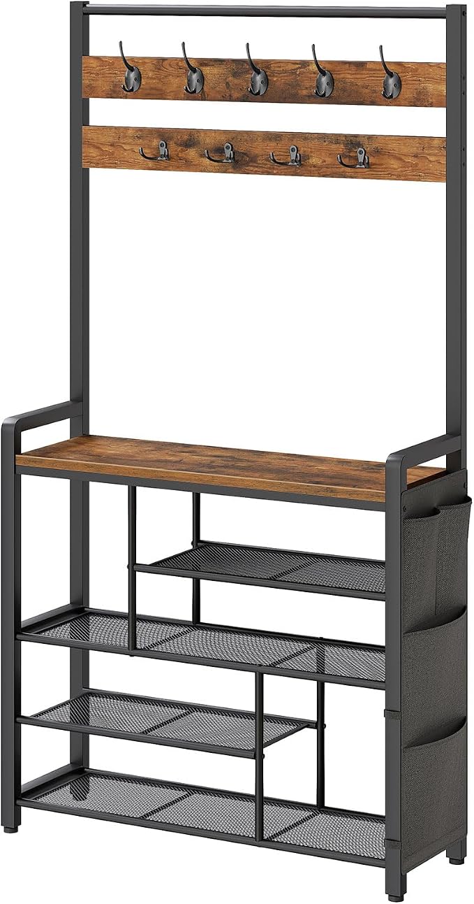 HOOBRO Hall Tree with Bench, Shoe Rack with Coat Rack, Coat Rack with Shoe Storage, 5 Tier Shoe Storage Organizer with Oxford Fabric Side Pockets, Coat and Shoe Rack Entryway, Rustic Brown BF45MT01 by HOOBRO