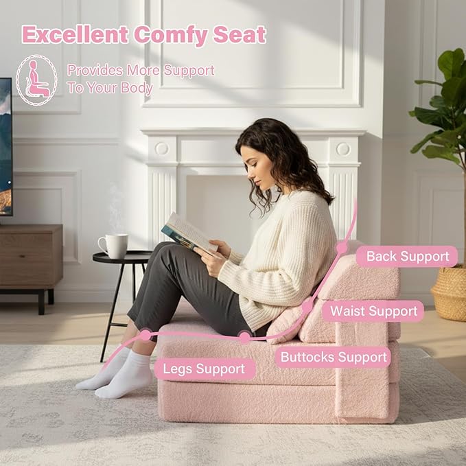 Tiita Convertible Folding Sofa Bed Single Size for Adults with Pillow, Plush Fabric Floor Mattress Couch Bed, Washable Cover & Side Pocket, Guest Room, Dorm, Apartment, Living Room, Pink
