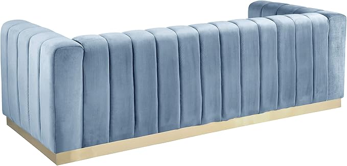 Meridian Furniture 603SkyBlu-S Marlon Collection Modern | Contemporary Velvet Upholstered Sofa with Deep Channlel Tufting and Brushed Gold Finish, Sky Blue, 86.5" W x 34" D x 28" H