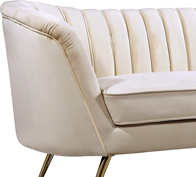 Meridian Furniture Margo Collection Modern | Contemporary Velvet Upholstered Loveseat with Deep Channel Tufting and Rich Gold Stainless Steel Legs, Cream, 65" W x 30" D x 33" H