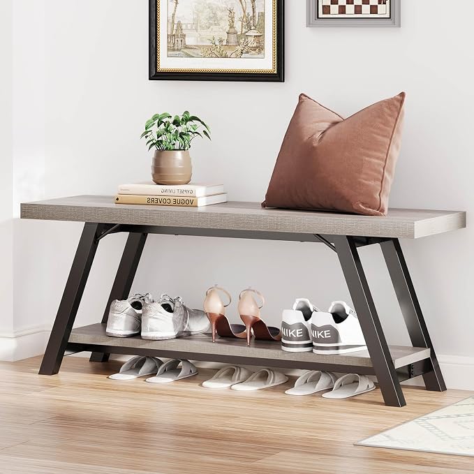 LVB Industrial Entryway Bench, Wood and Metal Storage Bench, Indoor Farmhouse Hallway Accent Entry Bench for Seating Sitting, Shoe Rack Organizer Cabinet in Foyer Bedroom, Light Grey Oak, 47 Inch Long by LVB