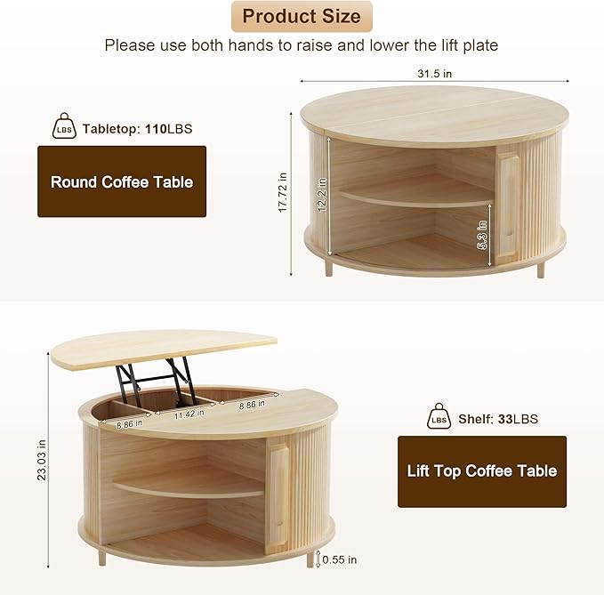Round Lift Top Coffee Table, 31.5" Fluted Wood Accent Coffee Table with 180° Curved Sliding Door, Hidden Storage, Mid Century Modern Center Table for Living Room Office Small Spaces, Oak