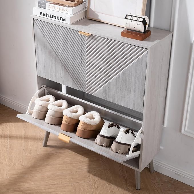 oakvivo Shoe Cabinet with 2 Flip Drawers, Freestanding Shoe Organizer with 4 Wooden feet, Modern Shoes Storage Cabinet for Entryway, Hidden Narrow Shoe Rack Cabinet for Foyer, Hallway, Mudroom, Grey - Image 7