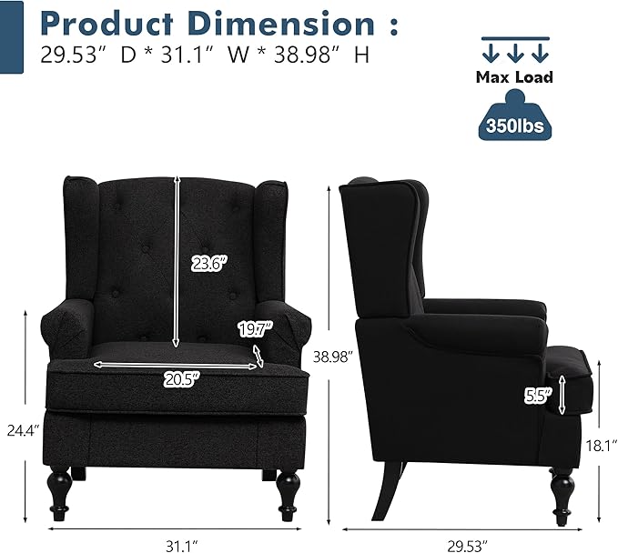 Accent Chair Set of 2, Mid Century Modern Fabric Wingback Chair, Upholstered Armchair with High Back and Vintage Legs, Comfy Single Sofa Side Reading Chair for Living Room Bedroom, Black