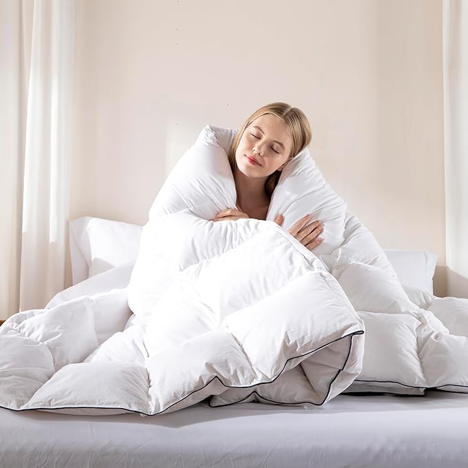 DOWNCOOL Feather Down Fiber Comforter King Size, 100% Cotton Ultra Soft Fluffy Duvet Insert King, All Season Luxurious Hotel Bedding Comforters with Corner Tabs, White 106"x90"
