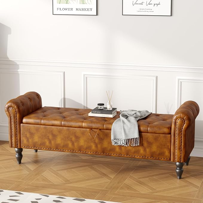 Furniliving 63” End of Bed Bench, Bedroom Bench with Button-Tufted, Large Upholstered Storage Ottoman Benches Entryway Bench with Storage Shoe Cabinet Bench, for Bedroom, Living Room, PU, Brown - Image 8