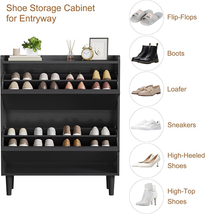 GarveeHome Shoe Cabinet with 2 Flip Drawers, Wooden Shoe Organizer Cabinet with Adjustable Shelf, Shoe Storage for Entryway, Hidden Shoe Cabinet for Hallway, Living Room, Black - Image 5