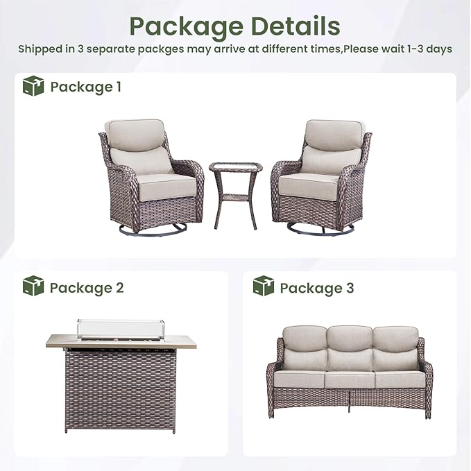 Luxury Patio Furniture Set with 6-inch Thick Cushion, Outdoor Furniture with Fire Pit Table, Swivel Chairs, Side Table, Sofa, 5pcs Wicker Conversation Set for Deck Yard and Poolside(Beige)