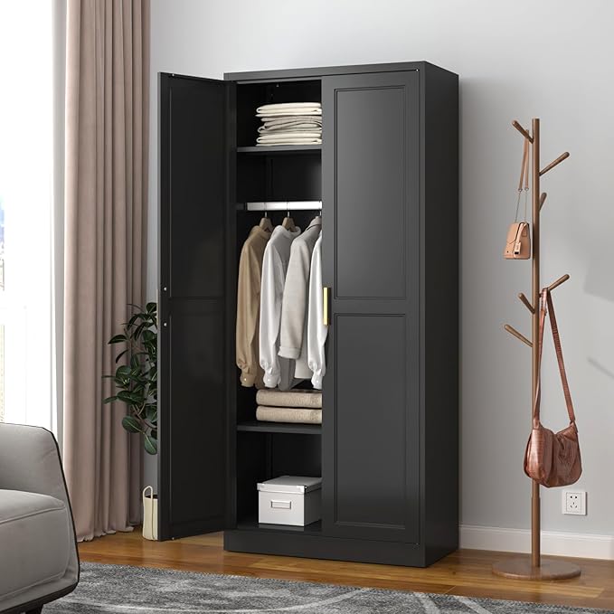 SteeLoong Metal Wardrobe Cabinet with Hanging Rod, 71" Tall Armoire Wardrobe Closet with 2 Doors and Adjustable Shelves, Black Clothing Storage Cabinets for Bedroom, Laundry Room, Cloak Room