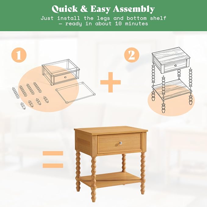 AMERLIFE 24" Wood Nightstand, Vintage Bedside Table for Bedroom, Solid Wood Night Stand with Turned Legs, End Table with Drawer & Open Shelf, Large/Tall Nightstand, Natural Finish - Image 3
