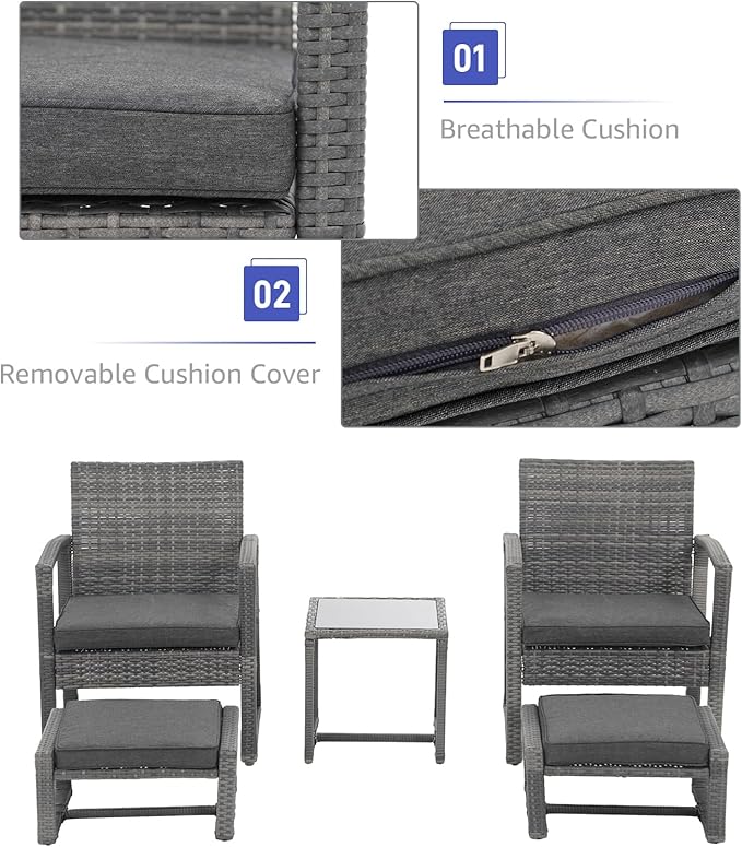 Patiorama 5 Piece Outdoor Patio Wicker Furniture Set, All Weather Grey PE Rattan Chair and Ottoman Footstool Set, W/Coffee Table, Cushions (Dark Grey) for Garden, Balcony, Porch, Space Saving Design