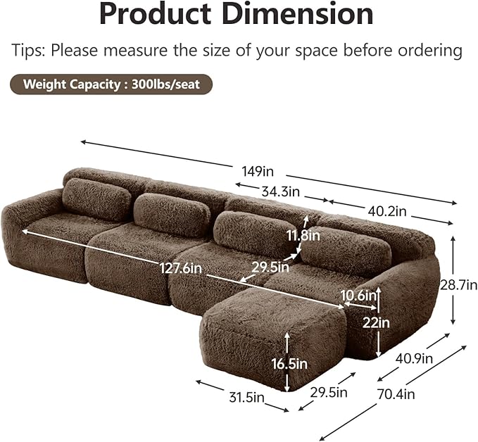149" L-Shaped Boneless Modular Sofa, Plush Foam Lounge Couch, 32D High Density Sponge, Plush Convertible Sofa Set Deep Seat Couches for Living Room, Bedroom and Apartment, Chocolate