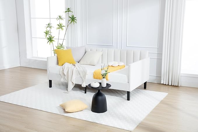 GDFStudio Twin Size Upholstered Daybed, Futon Sofa Bed Ribbed Tufted Backrest Lavish Modern Design, Couch Bed Frame for Bedroom Living Room Guest Room Apartment,Ivory Boucle
