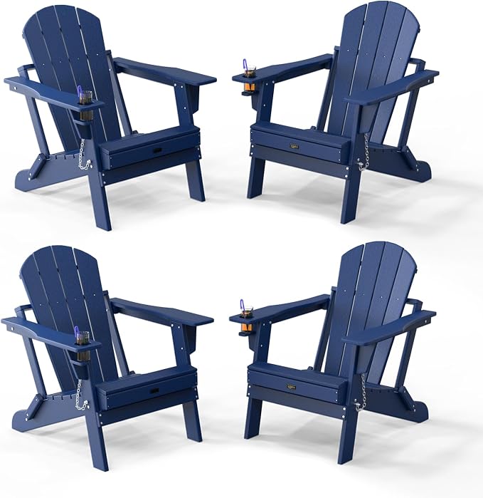 VINGLI Plastic Adirondack Chairs Set of 4, Folding with Cup Holder, Waterproof HDPE Material, Comfortable 380lb Weight Capacity for Outdoor Pool Patio Lounge Chair Lawn Furniture Firepit (Navy Blue) by VINGLI