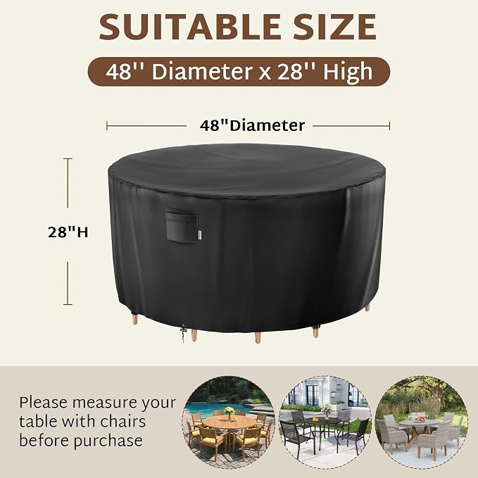 iBirdie Round Patio Furniture Cover 48 x 28 inch, Outdoor Waterproof and Weatherproof for Garden Table and Chairs, Heavy Duty 600D, fit 48, 47, 46 Diameter - Image 2