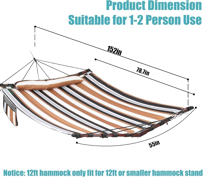 TegerDeger 12FT 2 Person Hammock Large Hammock 450LB Capacity with V Shaped Hardwood Spreader Bar & Nylon Rope for Outside, Patio, Garden, Backyard, Beach, Poolside - Coffee Stripes - Image 6