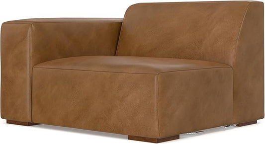 SIMPLIHOME Rex Left-Arm Sofa Module in Full-Grain Genuine Leather, Caramel Brown, 44-inches Wide, Handcrafted Modern-Style Left-Arm Accent Chair for Living Room and Family Room