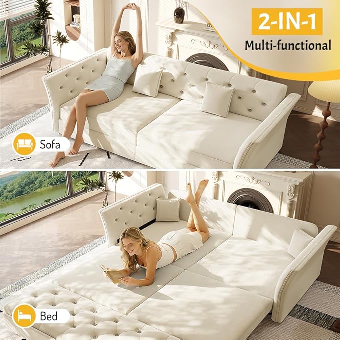 ERYE 3-in-1 Foldable Sleeper Sofa Bed Velvet Fabric Loveseat Sofabed, 74-Inch Queen Loveseat Convertible Pull Out Sleeper Couch Bed with Flower Tufted Accent, Easy Assemble