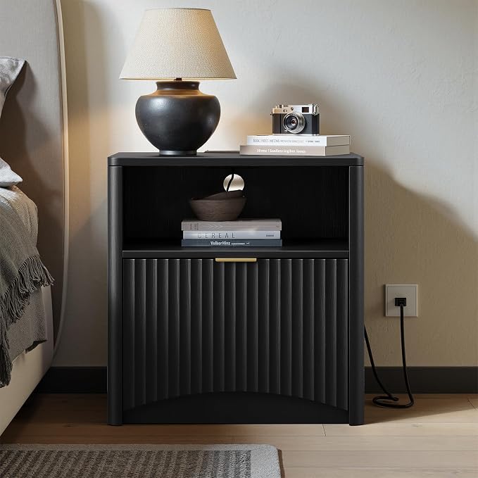 Evermagin Fluted Nightstand Set of 2 with Charging Station, Black Bedside Table with Drawer and Storage, Wood End Table Mid Century Modern, Large Night Stand for Bedroom - Image 4