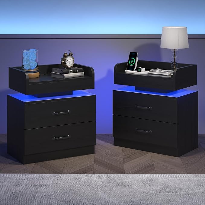 4ever2buy Black Night Stand with LED Lights and Charging Station Modern Bedside Table with Storage Drawers End Table for Bedroom - Image 4