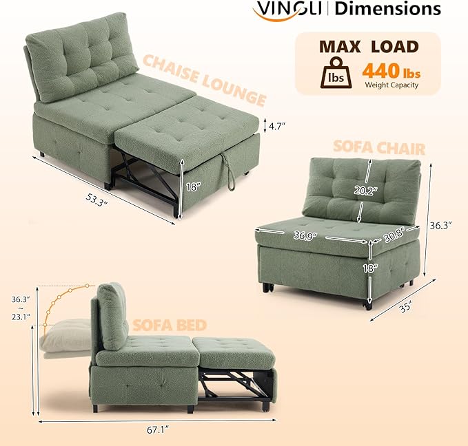 VINGLI Convertible Sofa Bed Tufted Teddy Fleece Sleeper Chair Bed Couch Armless Living Room Chairs with Adjustable Backrest Pull Out Couch Bed for Small Spaces | Armless Sofa Bed
