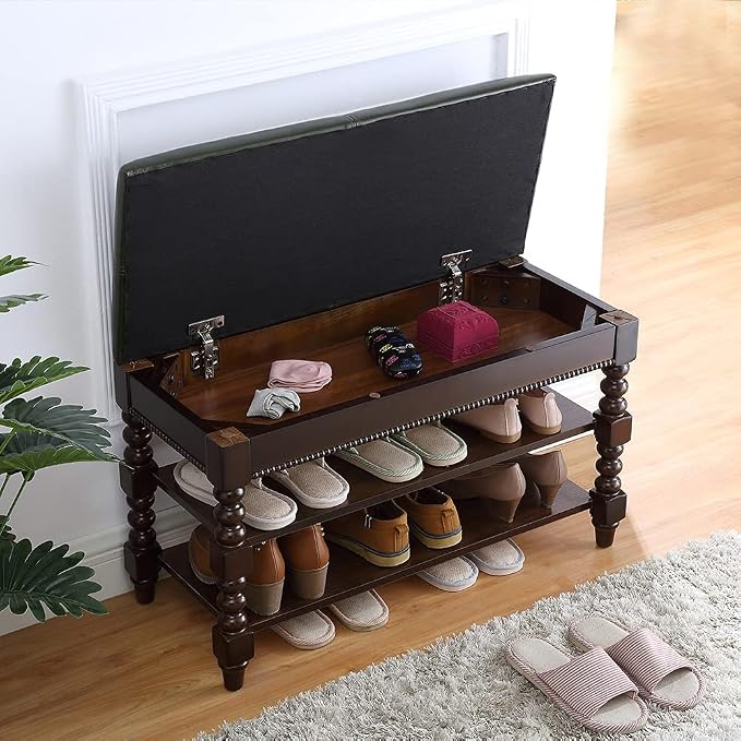 LEILISI Shoe Bench, Wood Storage Bench with Cushion Seat, Shoe Rack with Hidden Storage Space for Entryway Living Room Bedroom Hallway (Walnut, 31.5'') - Image 3