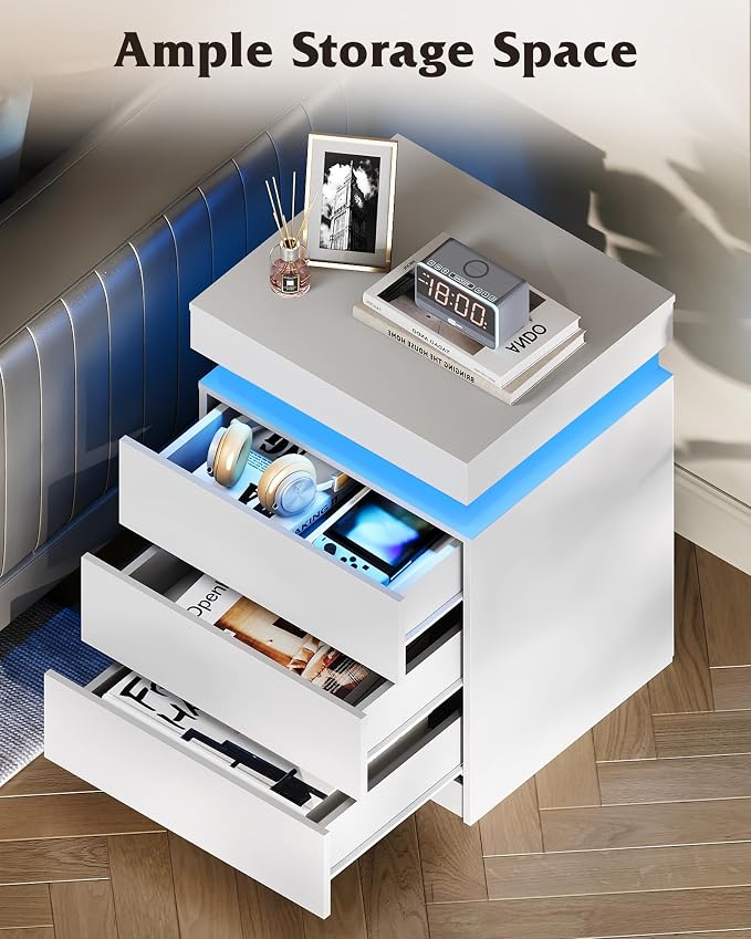 WLIVE Nightstand Set of 2 with Charging Station & LED Lights, Modern Night Stand with 3 Drawers and Sliding Top, Bedside Table End Table with Hidden Space for Bedroom, Living Room, White - Image 5