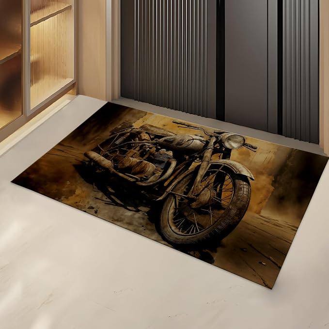 Vintage Motorcycle Indoor Door Mat Gifts, Floor Area Rug for Entryway, Living Room or Bathroom, Non-Slip Retro Biker Garage Doormat Home Decor Rug 17x29.5 Inch by TURAMURRA