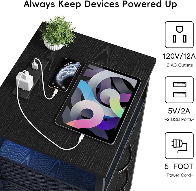 Fixwal Night Stand with 3 Fabric Storage Drawers, LED Nightstand with Charging Station, Bedside Table, Black - Image 5