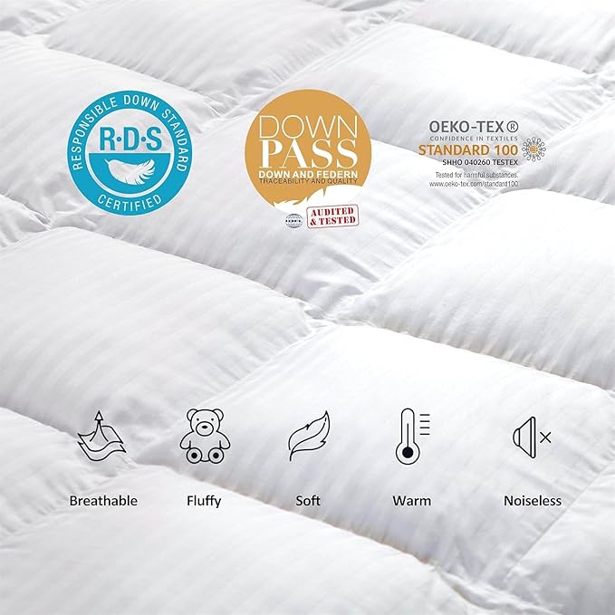 Luxurious All-Season Goose Down Comforter Duvet Insert, Exquisite Oversized Queen White Stripe Design, 98" X 98 ", 100% Cotton Down Proof Fabric, 70 oz. Fill Weight
