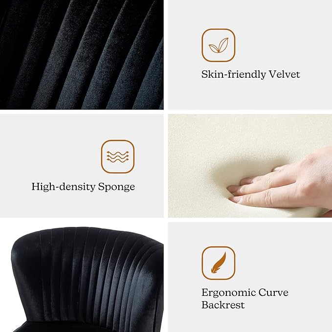 HULALA Home Velvet Accent Chair Set of 2, Modern Armless Upholstered Side Chair with Glam Gold Metal Legs for Vanity Living Room Bedroom - Black