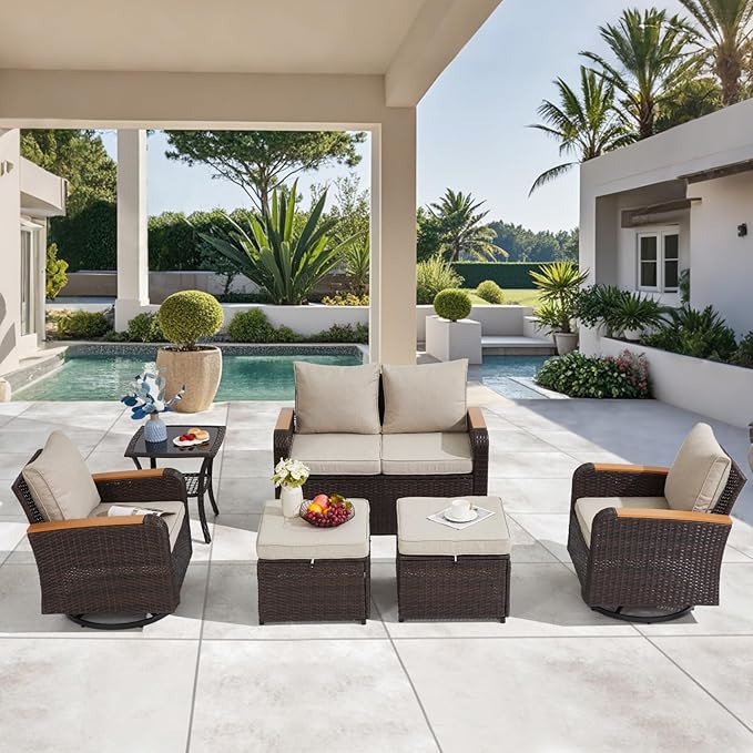 6 Pieces Outdoor Furniture Set with Swivel Chairs, Wicker Patio Furniture Sofa Couch for Porch Deck Bistro Lawn Garden Backyard Poolside-Brown Rattan/Khaki
