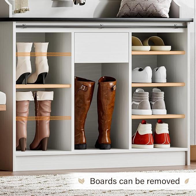 4ever2buy Farmhouse Hall Tree with Bench 5-in-1 Entryway Bench with Coat Rack with Sliding Barn Doors Entryway Coat Rack with Shoe Storage White - Image 4
