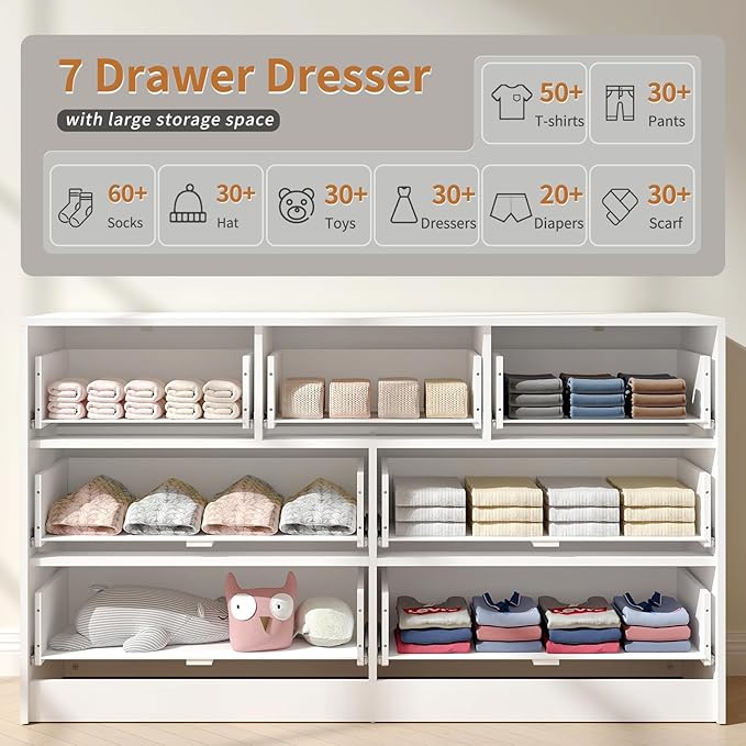 7 Drawer Dresser and Nightstand Sets, 3 Pcs Bedroom Set for Bedroom, Fluted Night Stand Set of 2 & 55" Wide Dresser w/Gold Handles, Modern Wood Chest of Drawers Storage Cabinet Set, White