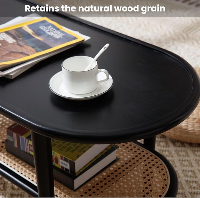 Black 2-Tier Oval Coffee Table with Rattan Storage Shelf, Modern Boho Cane Wicker Coffee Table for Living Room, Minimalist Wooden Accent Table for Entryway