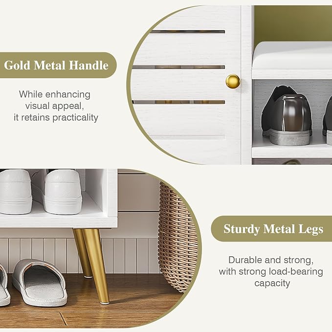 VECELO Shoe Storage Bench with Door&Shelf, Entryway Bench with Seat Cushion, for Hallway, Bedroom, Living Room, L-Shaped, White - Image 5