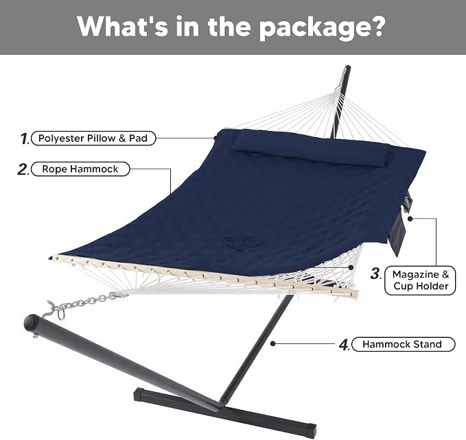 SUNCREAT Two Person Hammock with Stand, Heavy Duty Backyard Hammock and Stand, Navy Drops - Image 6