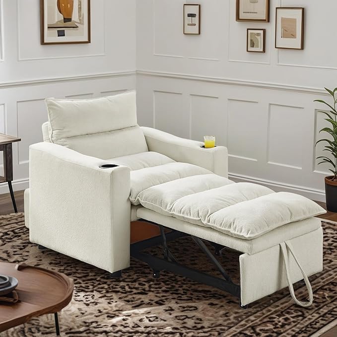 3-in-1 Convertible Sleeper Chair, Velvet Pullout Chair with Cup Holders, Recliner Sofa Bed with 4 Adjustable Angles, Convertible Lazy Sofa Bed for Small Spaces Home Office, Beige