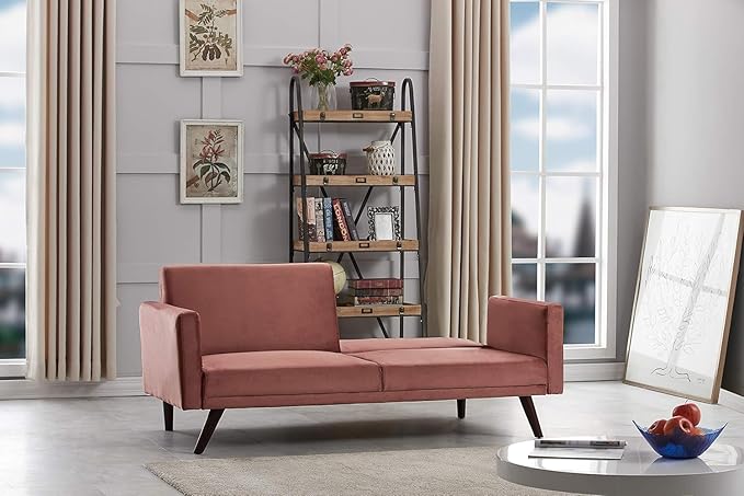 72" Retro Velvet Sofa Bed - Vintage Modern Convertible Futon w/Reclining Backrest - Velvet Upholstery on Solid Wood Frame (72" L x 34.6" W x 30.23" H), Rose