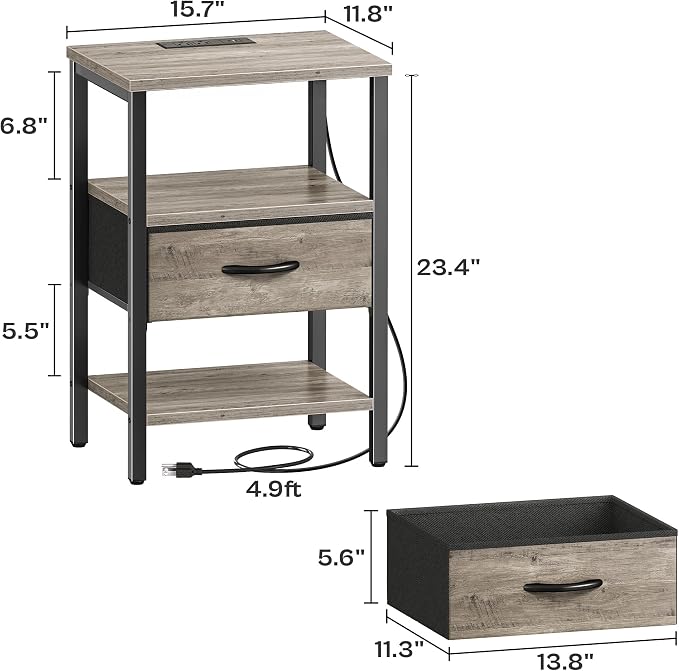 SUPERJARE Nightstand with Charging Station, Bed Side Table with Adjustable Fabric Drawer, Night Stand for Bedroom, 3-Tier Storage End Table, for Living Room, Oak - Image 3
