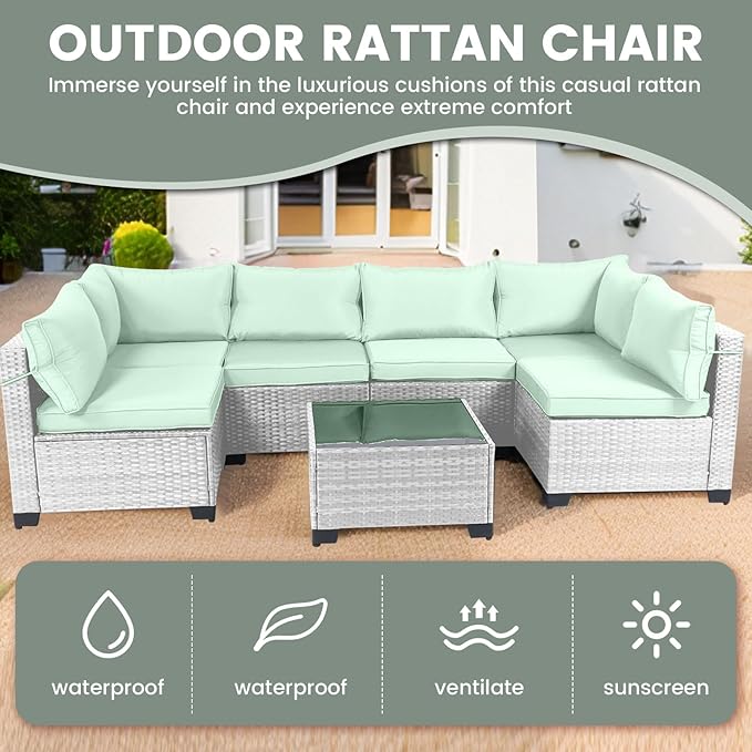 CHABATREE 7 Pieces Outdoor Patio Furniture Sets,Rattan Conversation Sectional Set,Manual Weaving Wicker Patio Sofa with Tea Table