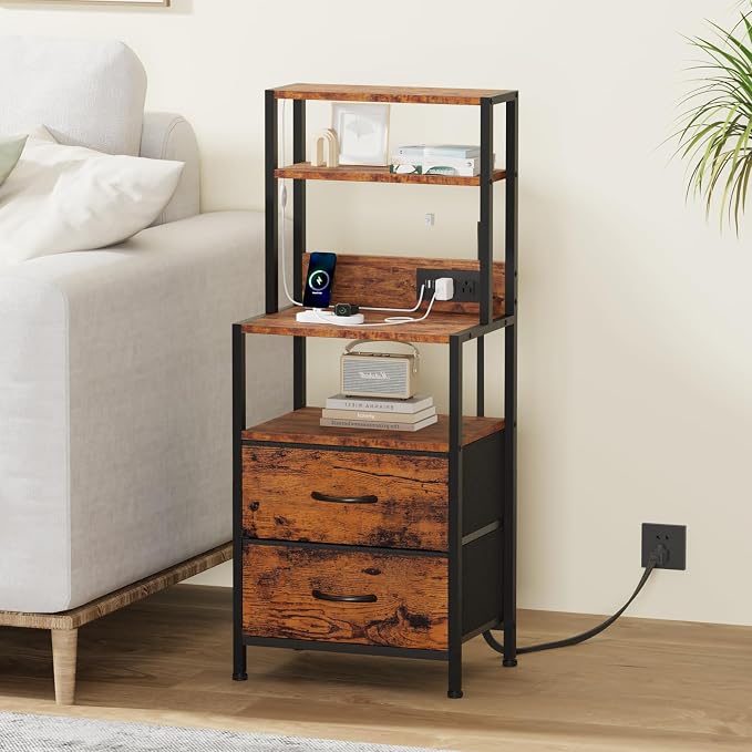Furnulem Night Stand, Tall Nightstand with 4-Tier Shelves, 2 Fabric Drawers and LED Lights, Bed Side Tables with Charging Station, Bedside Table for Bedroom, Office, Rustic Brown - Image 3